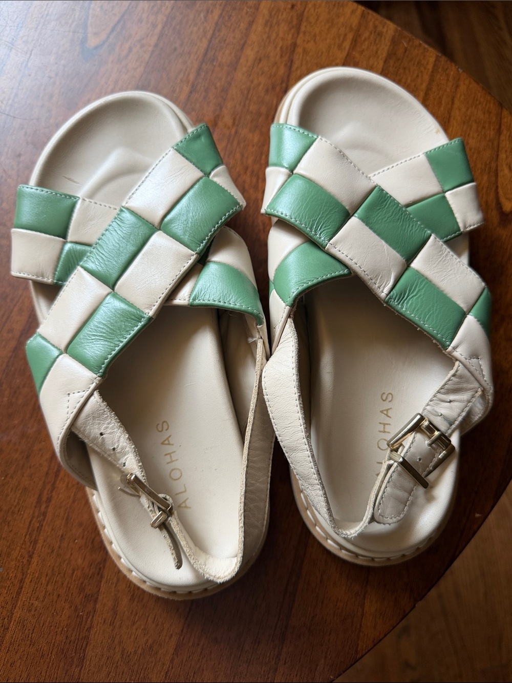 ALOHAS Cream and Green Woven Strap Sandals
